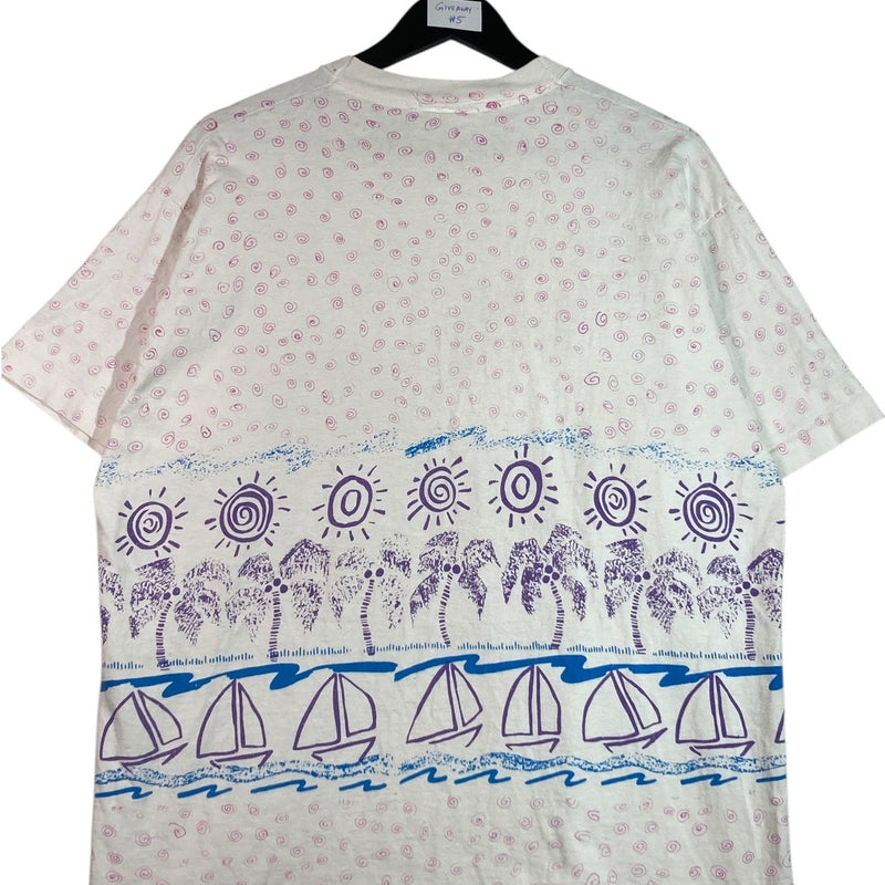 Vintage Tropical Sailboat Palm Tree Print T-Shirt