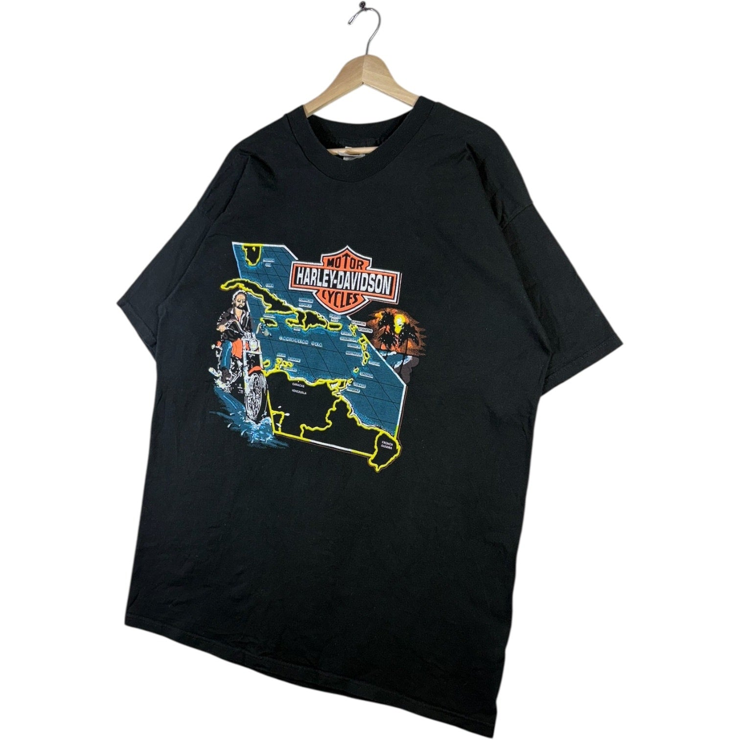Vintage Harley Davidson Caribbean Map Graphic T-Shirt