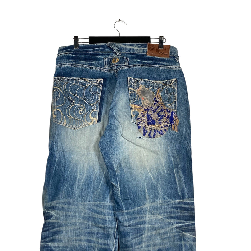 Vintage Big Train Embroidered Straight Leg Denim Jeans 37x32