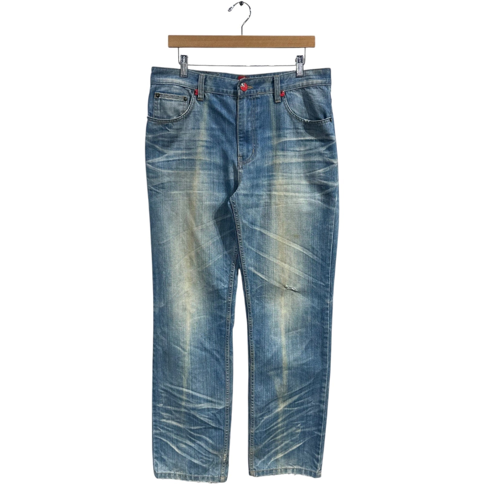 Vintage Faded Distressed Straight Leg Denim Jeans 34 x 31