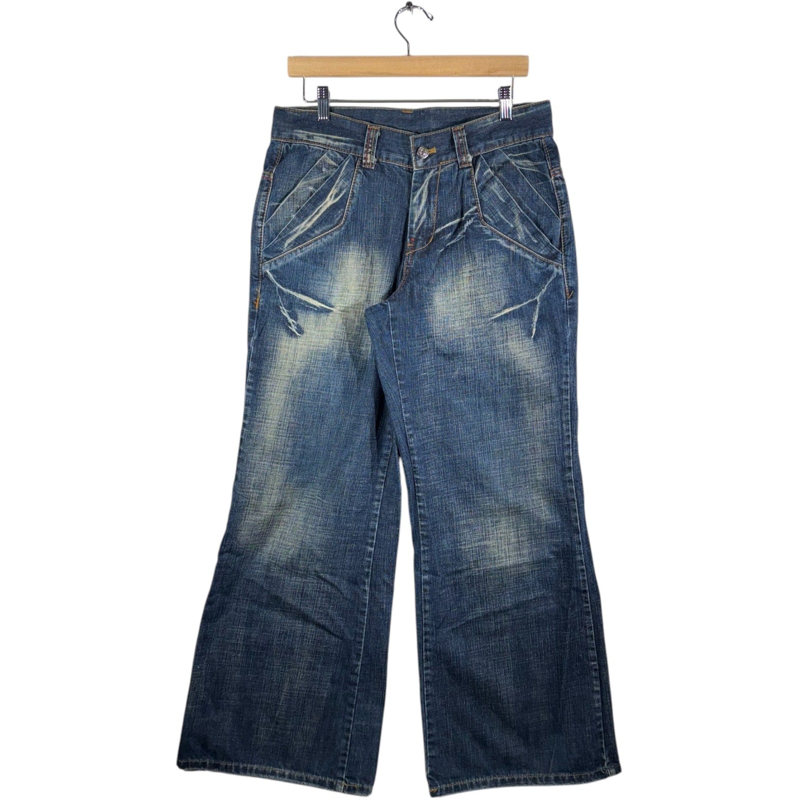 Y2K Double Pocket Flared Wide Leg Denim Jeans 33x30