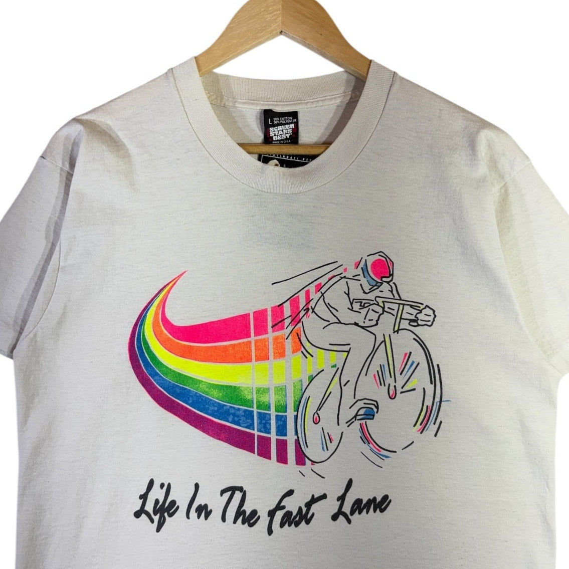 Vintage Life In The Fast Lane Rainbow Cyclist Graphic T-Shirt