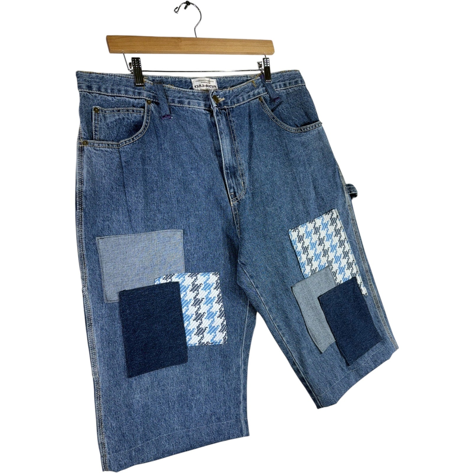 Vintage Tara By Motion Patchwork Denim Cut & Sew Carpenter Shorts 38