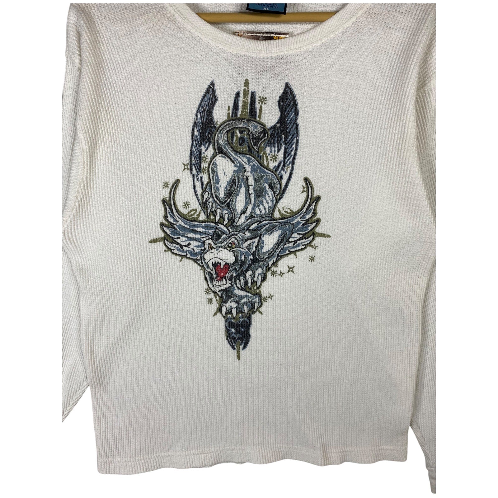 Vintage Dragon Wolf Gothic Thermal Waffle Knit Long Sleeve T-Shirt