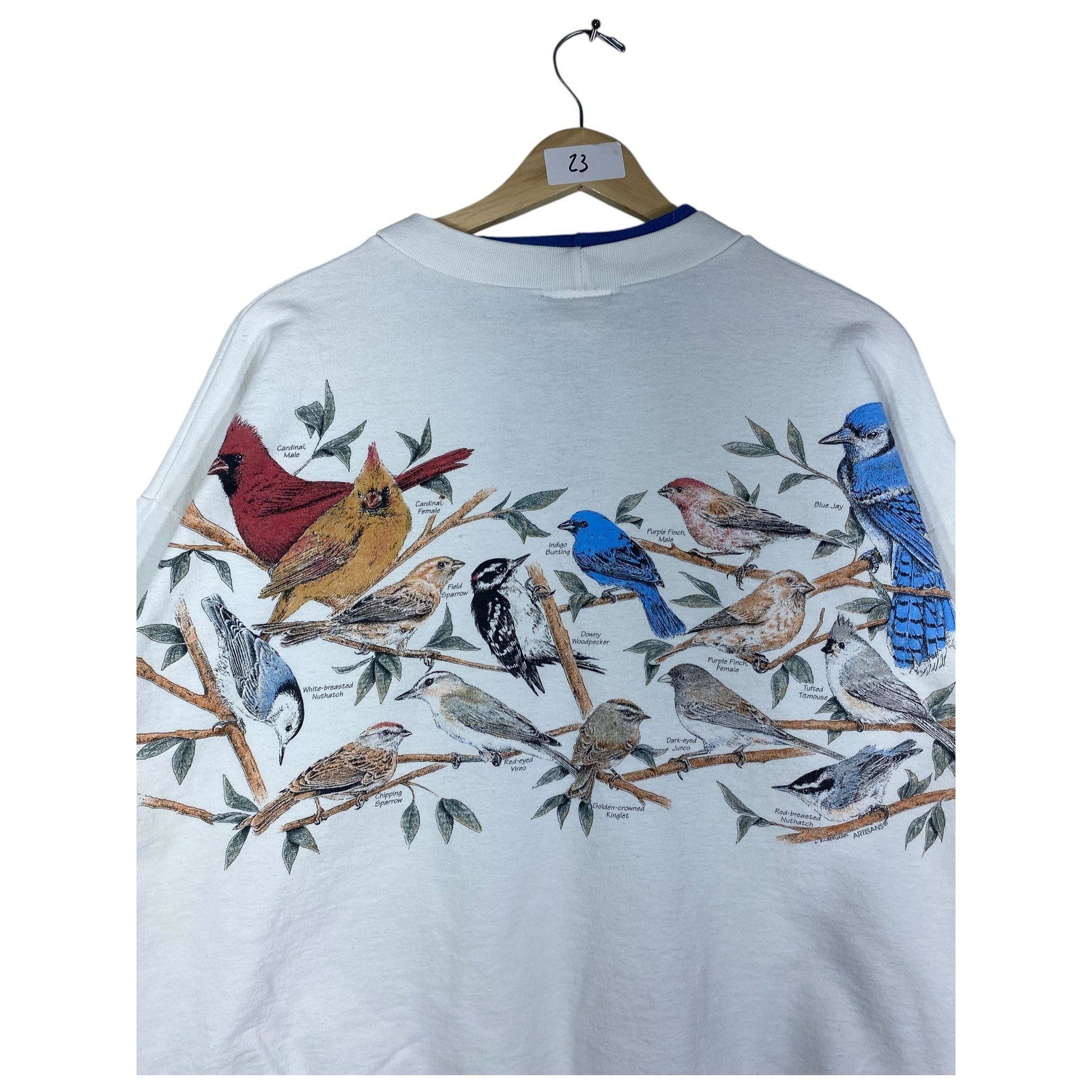 Vintage Women's Artisan Bird Family Allover Print Crewneck