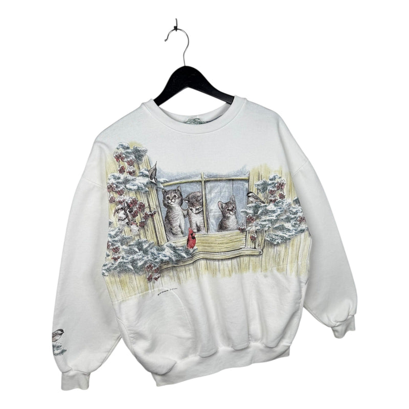Vintage Winter Cats & Cardinals Window Crewneck