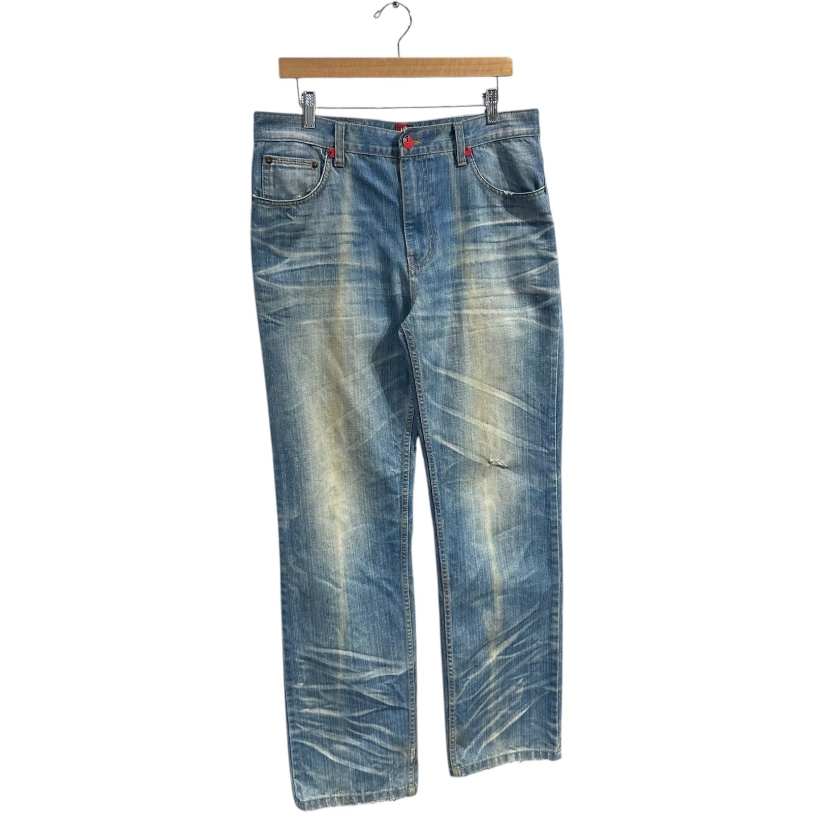Vintage Faded Distressed Straight Leg Denim Jeans 34 x 31