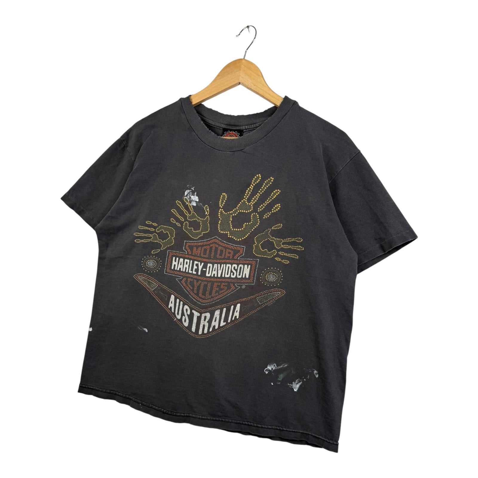 Vintage Harley Davidson Australia Aboriginal Dot Art Hand Print T-Shirt