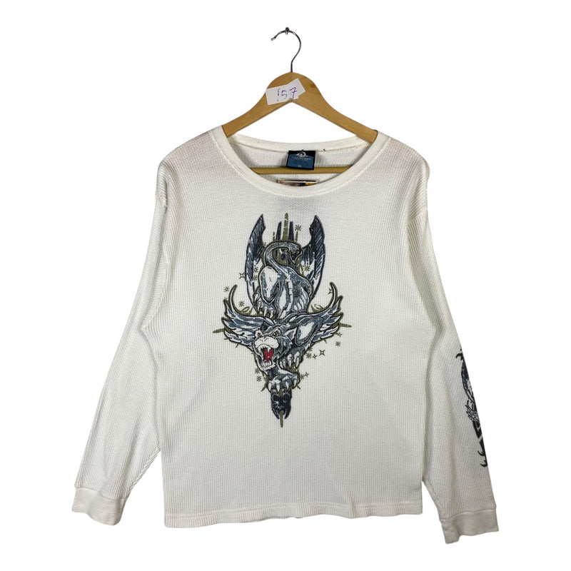 Vintage Dragon Wolf Gothic Thermal Waffle Knit Long Sleeve T-Shirt