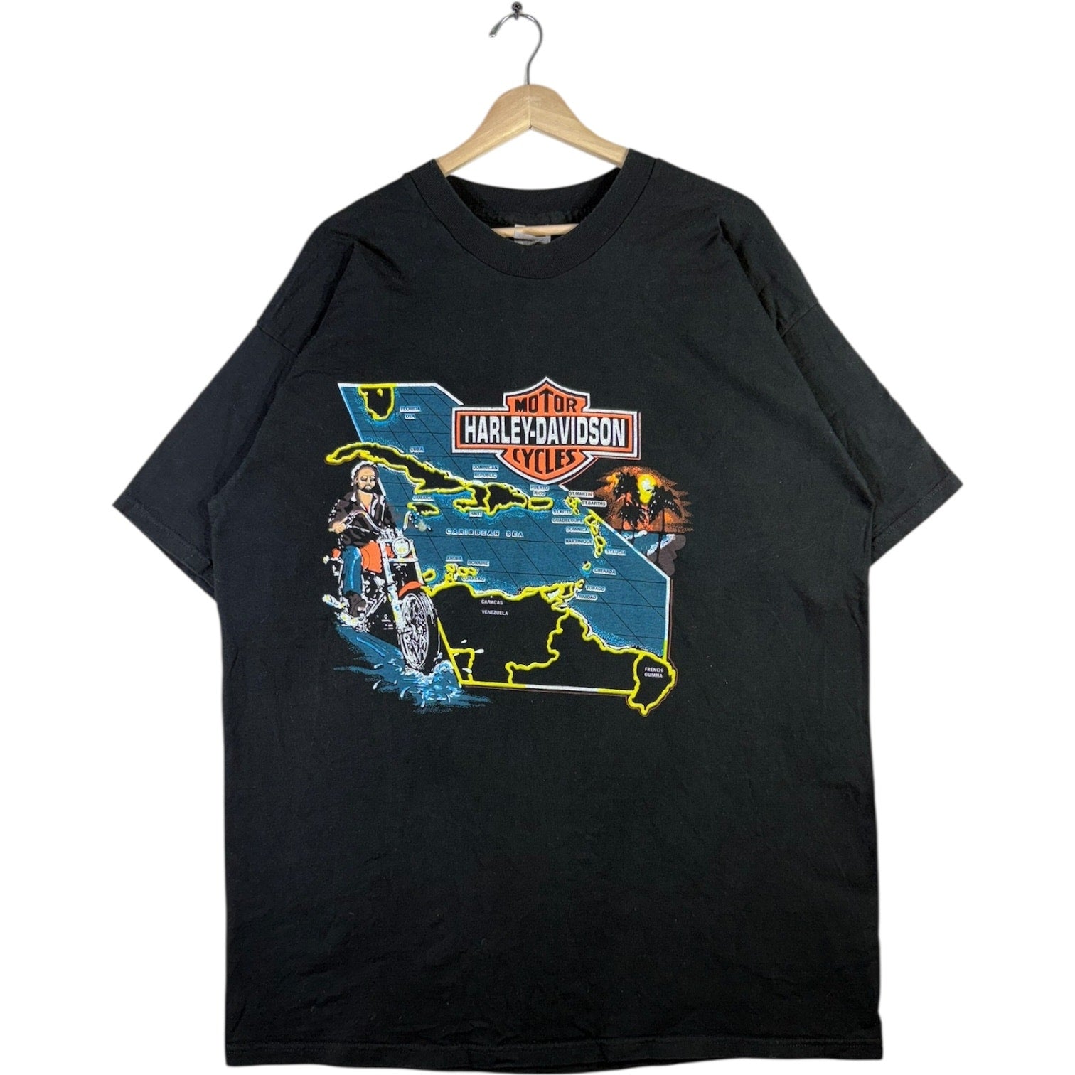 Vintage Harley Davidson Caribbean Map Graphic T-Shirt