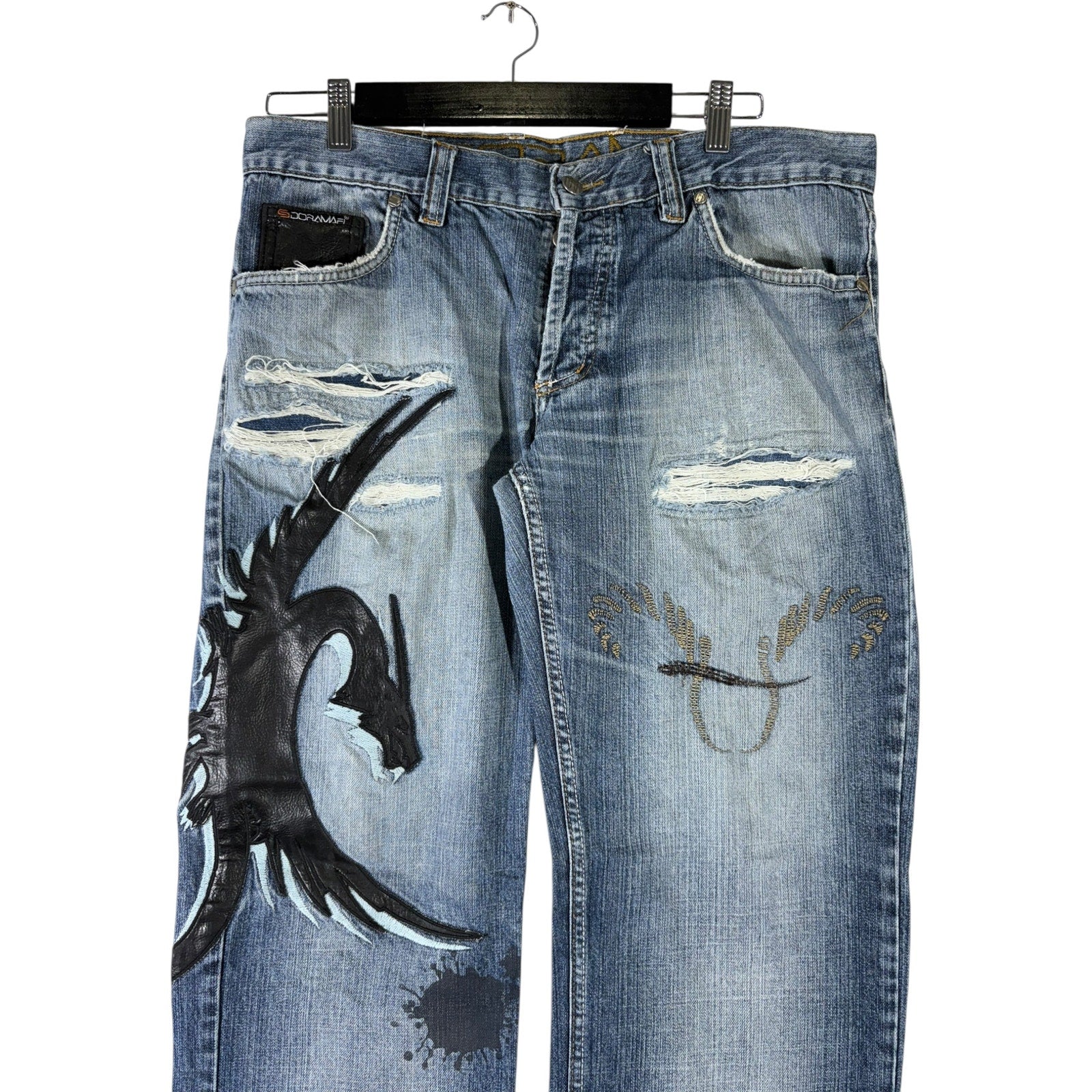 Y2K Doramafi Leather Dragon Patch Jeans 36x31