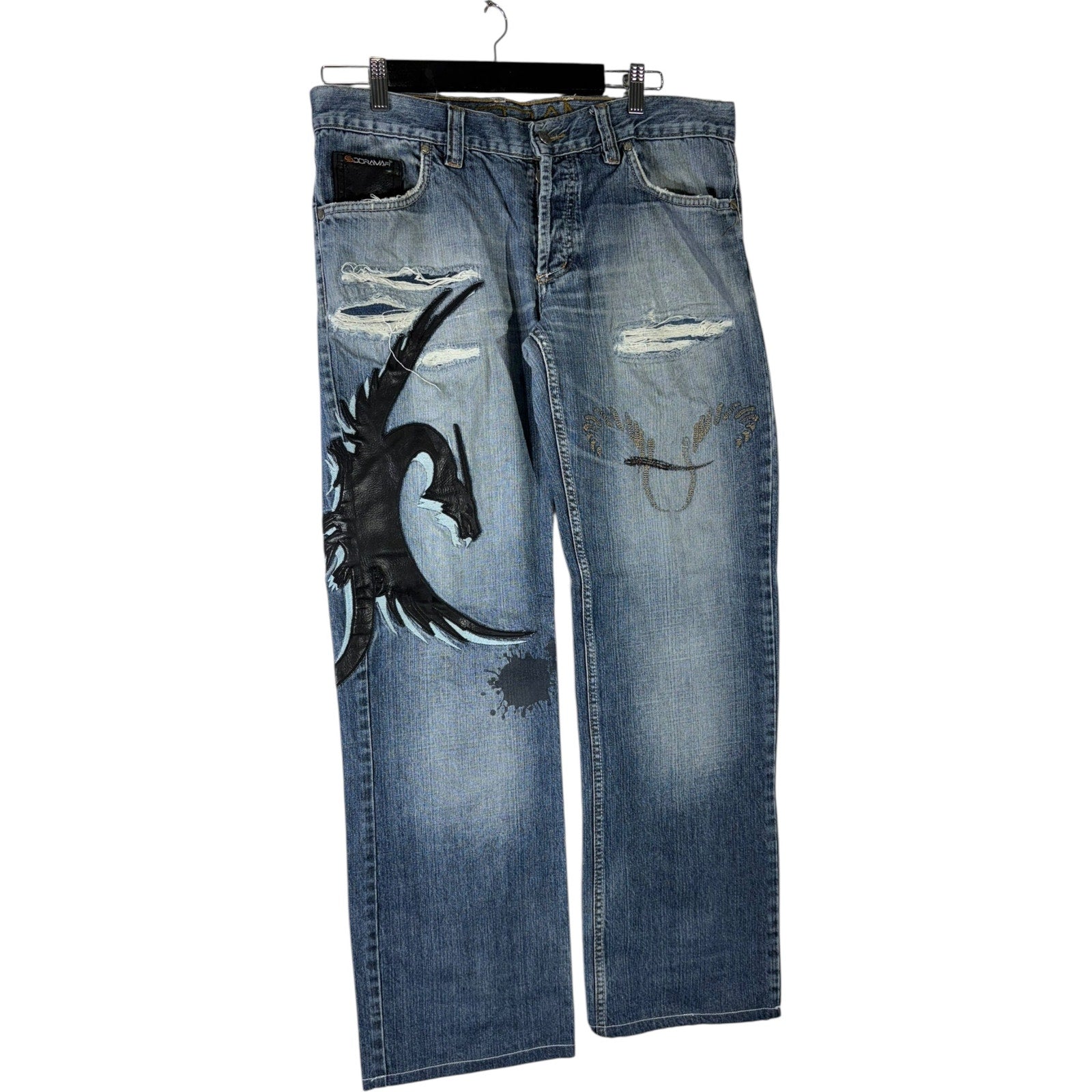 Y2K Doramafi Leather Dragon Patch Jeans 36x31
