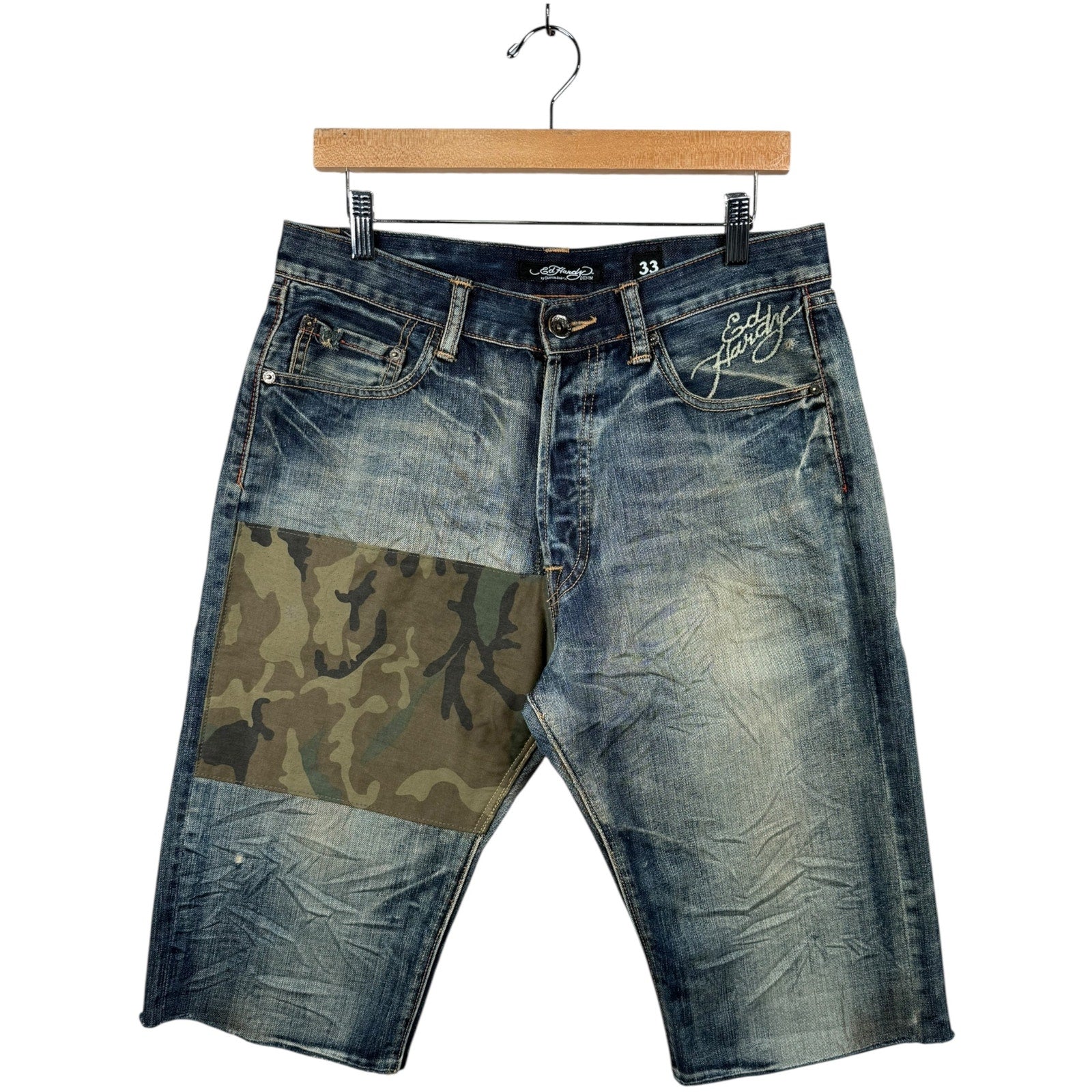 Vintage Ed Hardy Camo Patchworks Chino Denim Shorts 33