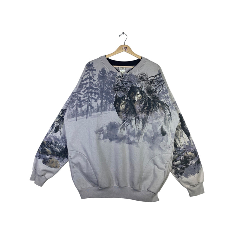 Vintage Allover Print Wolves Sweatshirt Crewneck