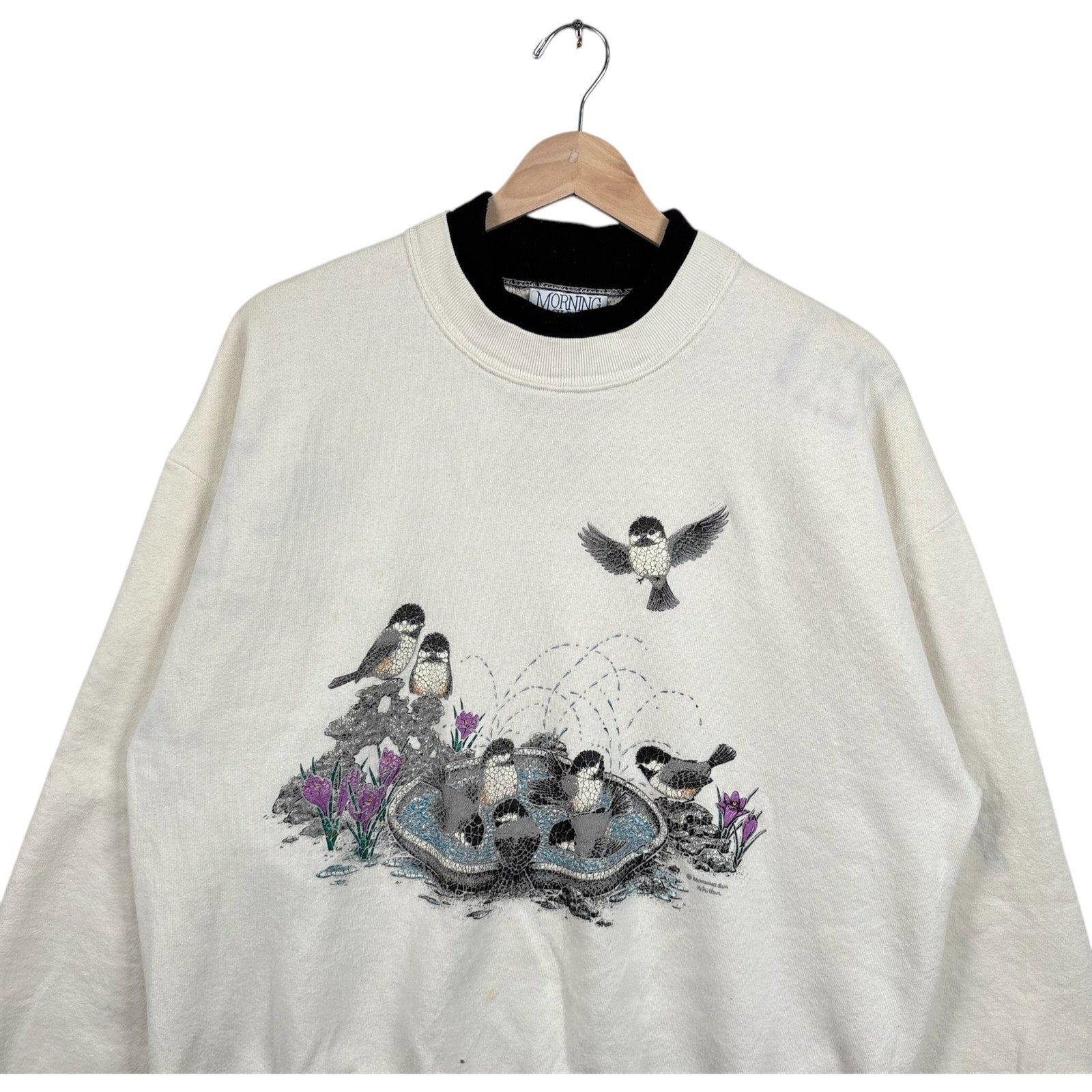 Vintage Birds In A Bird Bath Double Collar Crewneck