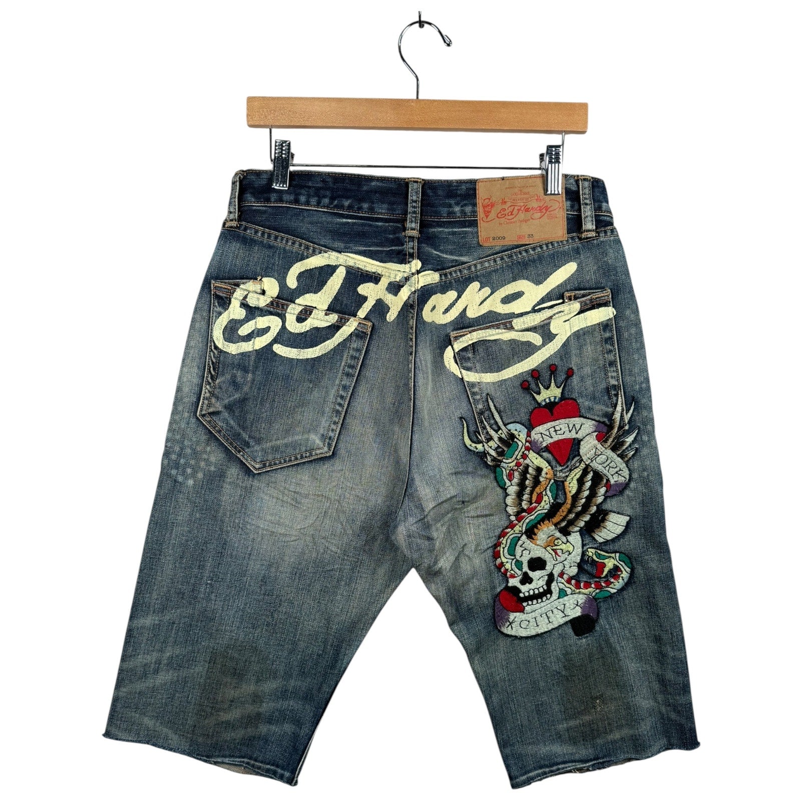 Vintage Ed Hardy Camo Patchworks Chino Denim Shorts 33