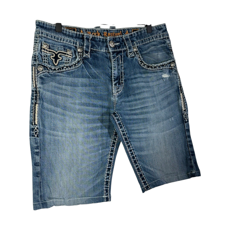 Vintage Rock Revival Tribal Straight Leg Bermuda Denim Jean Shorts