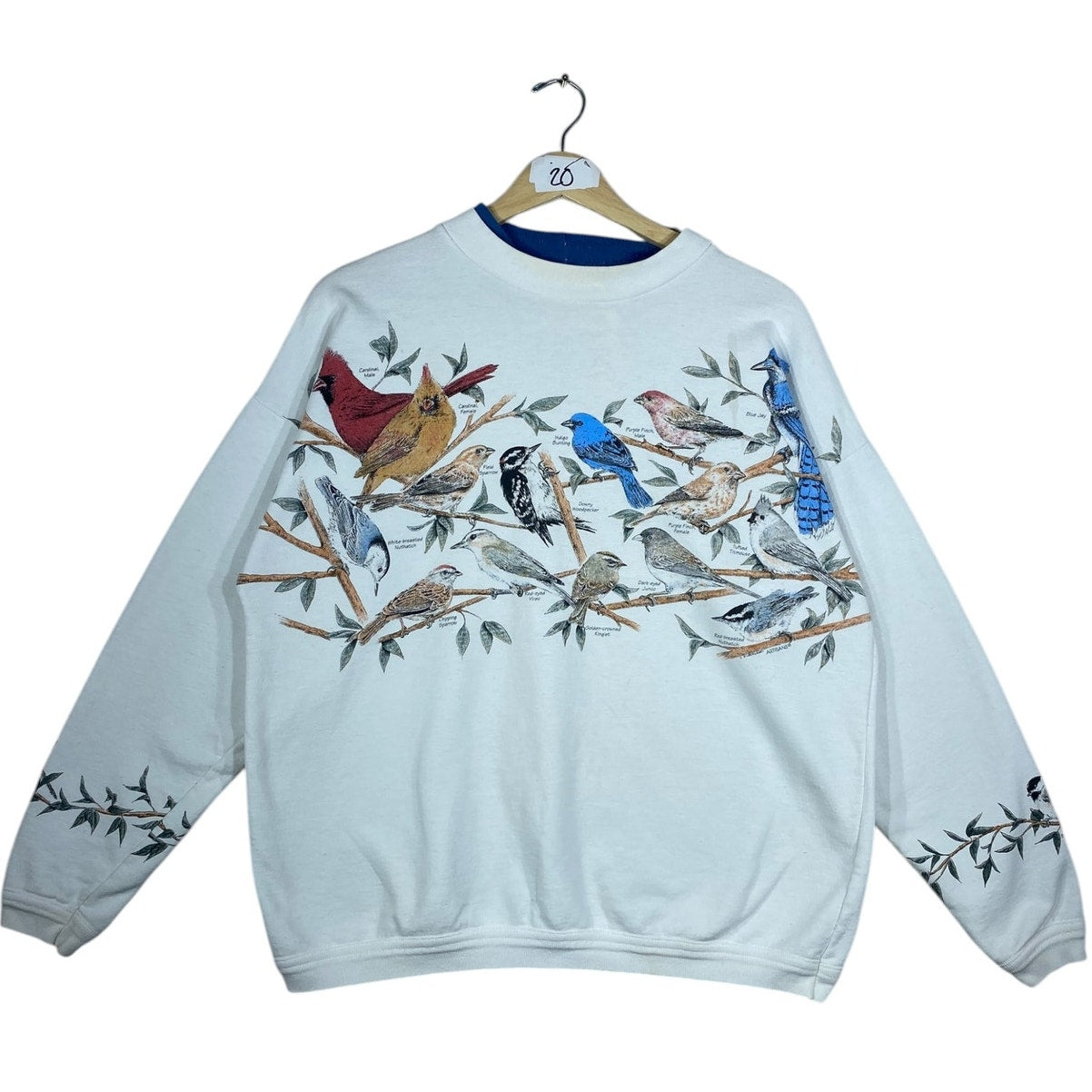 Vintage Women's Artisan Bird Family Allover Print Crewneck