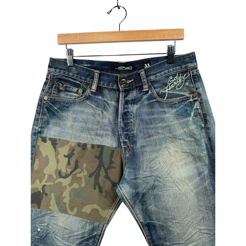 Vintage Ed Hardy Camo Patchworks Chino Denim Shorts 33