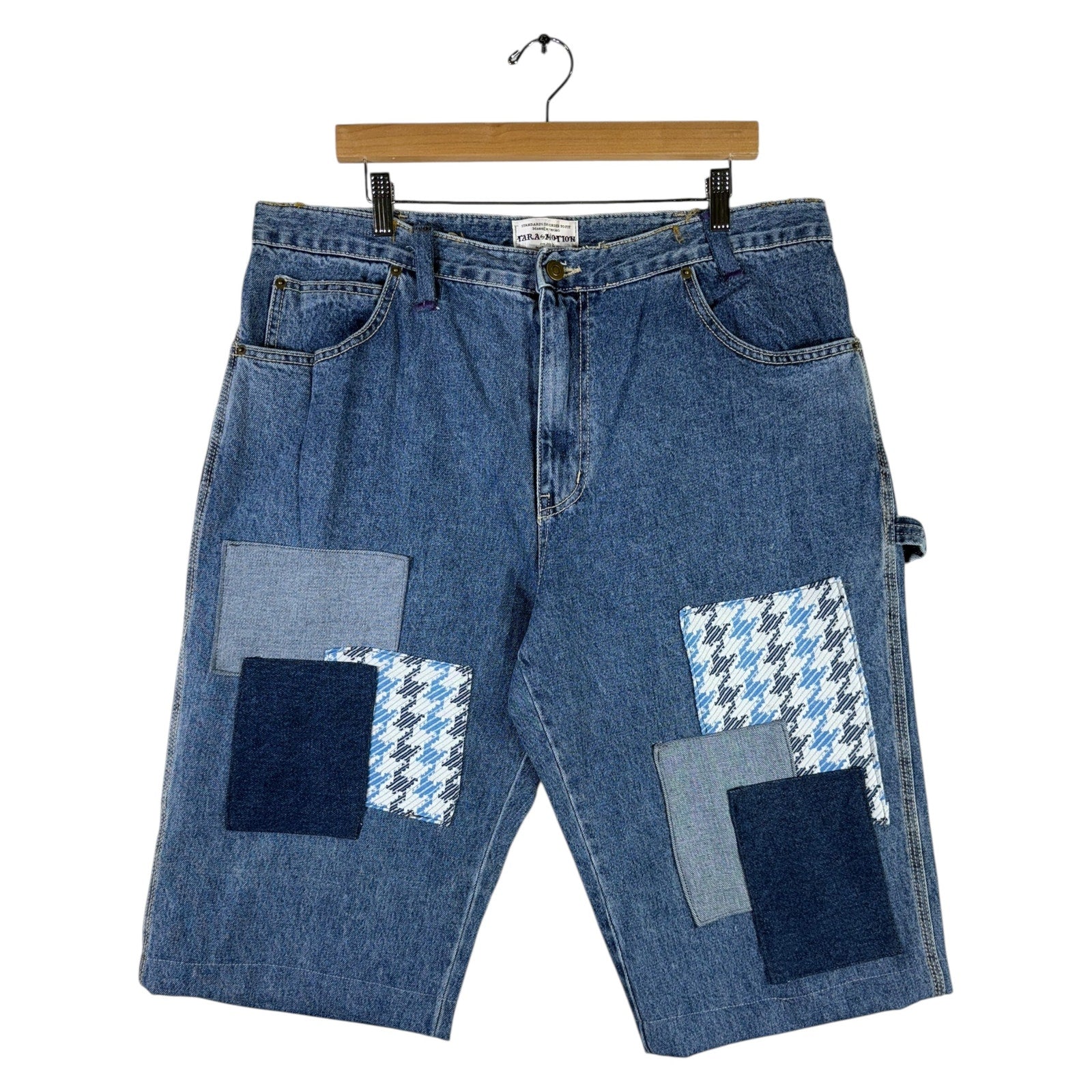Vintage Tara By Motion Patchwork Denim Cut & Sew Carpenter Shorts 38