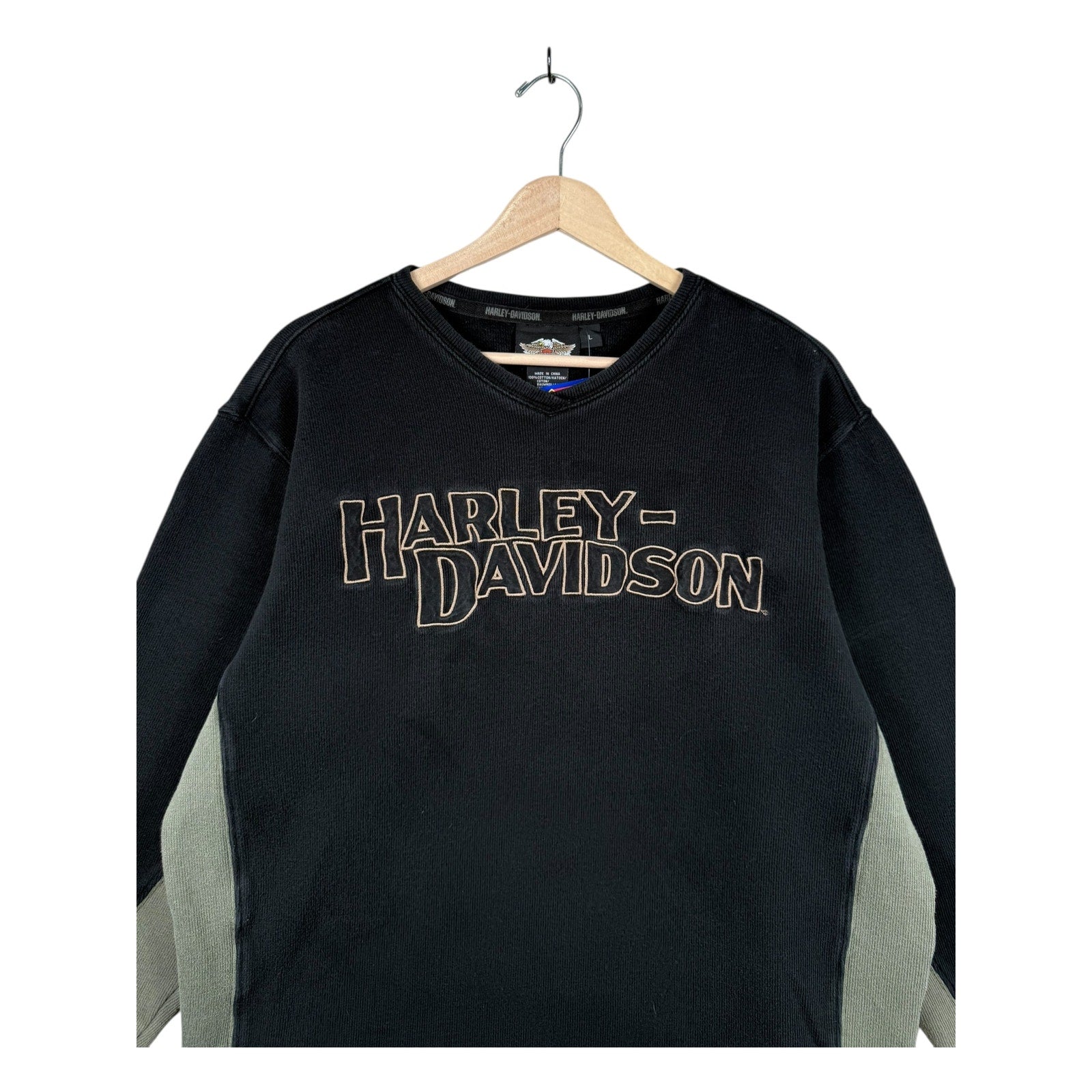 Vintage Harley Davidson Embroidered Two Tone V-Neck Sweatshirt