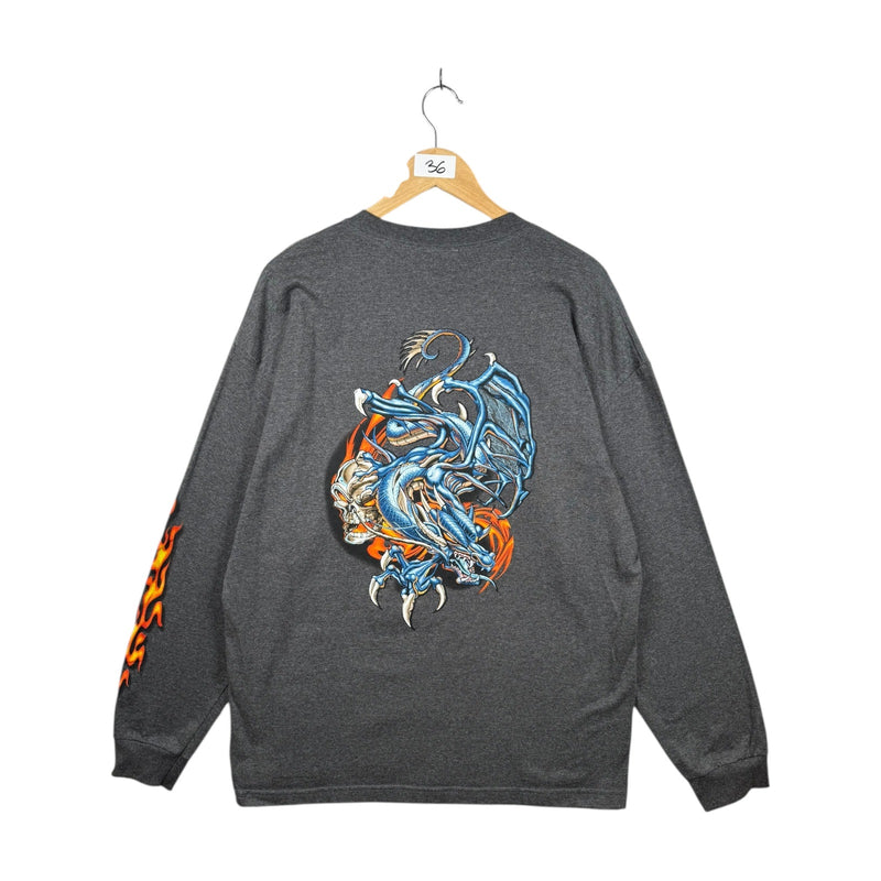 Vintage Dragon Skull Flames Graphic Long Sleeve
