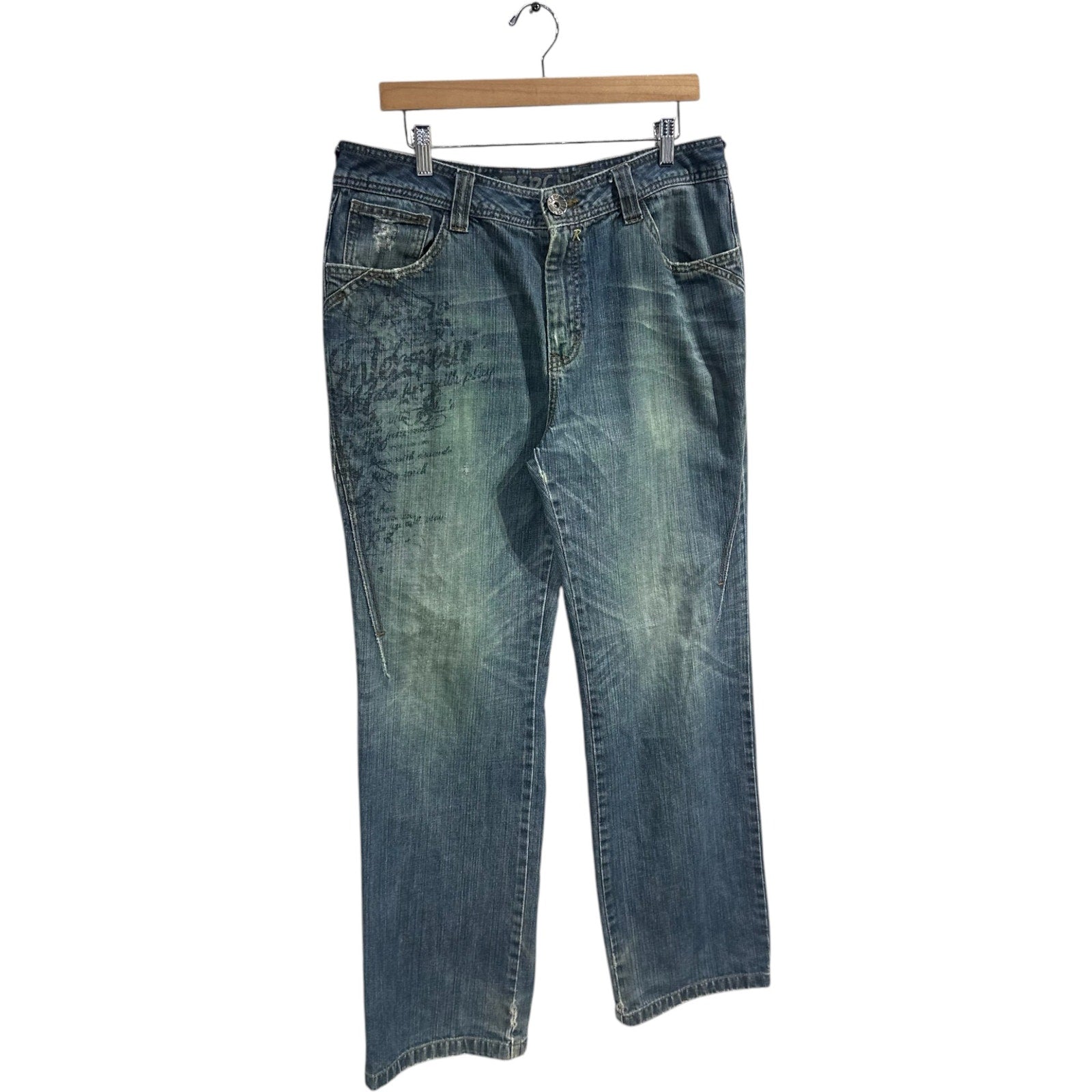 Vintage Distressed Faded Straight Leg Denim Jeans 35 x 31