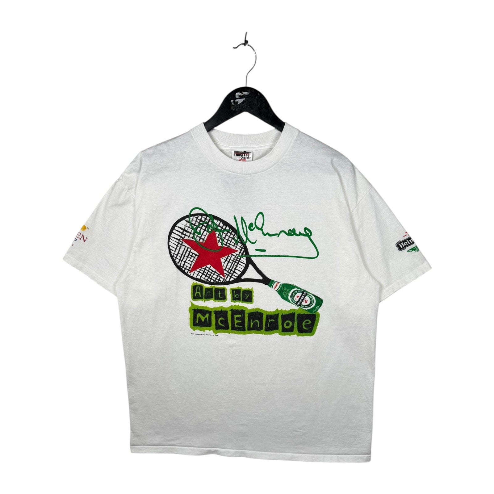 Vintage Art by McEnroe Tennis Racket Heineken T-Shirt