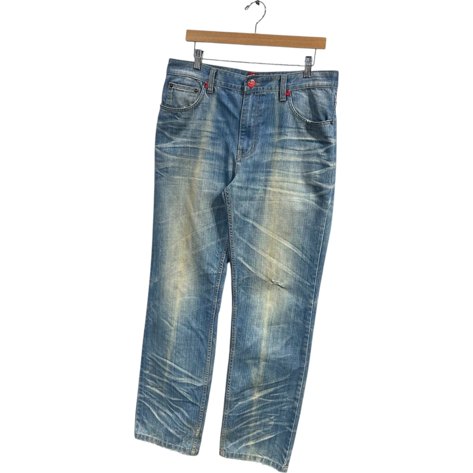 Vintage Faded Distressed Straight Leg Denim Jeans 34 x 31
