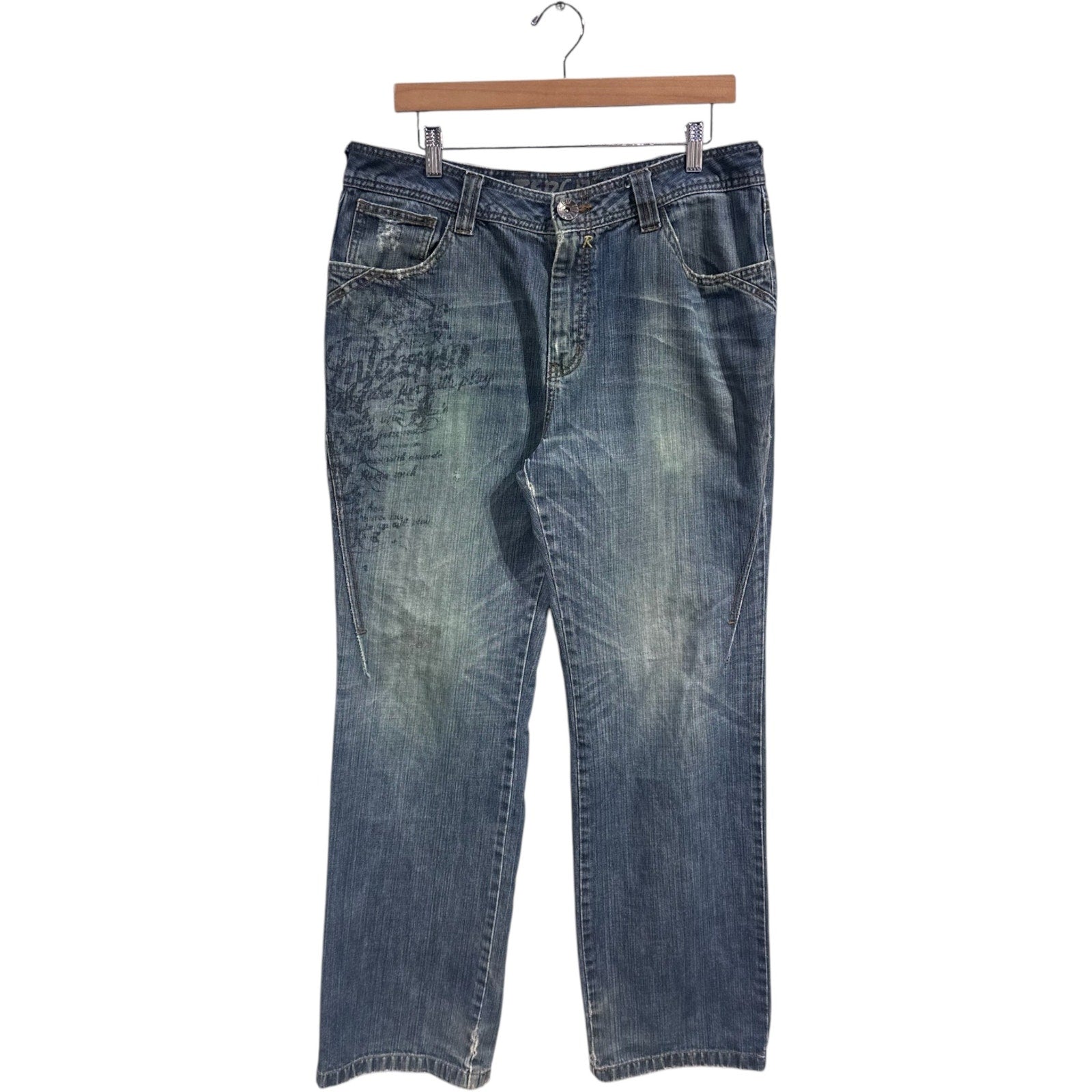 Vintage Distressed Faded Straight Leg Denim Jeans 35 x 31