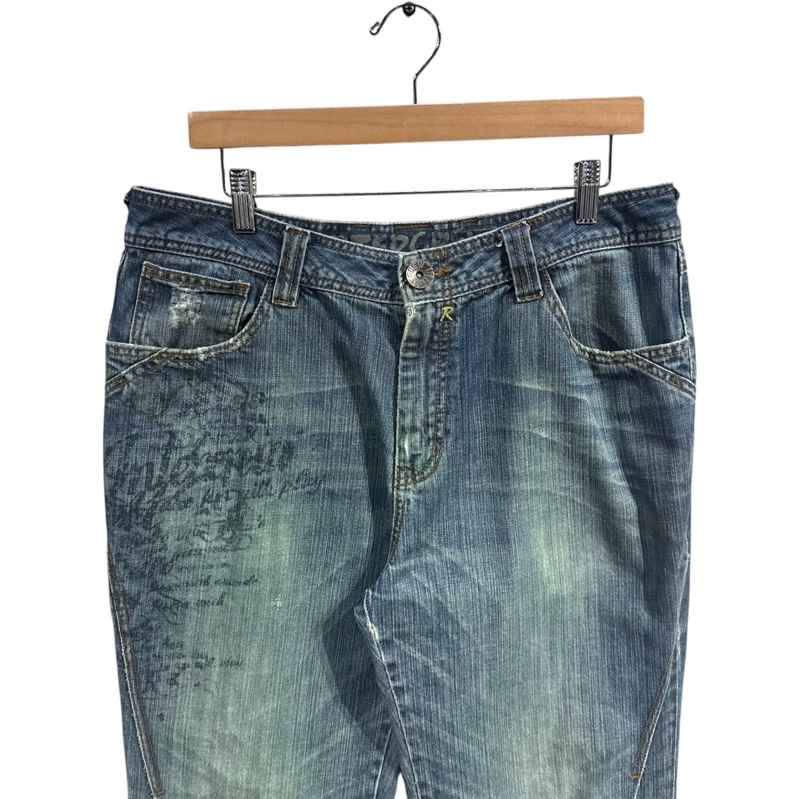 Vintage Distressed Faded Straight Leg Denim Jeans 35 x 31