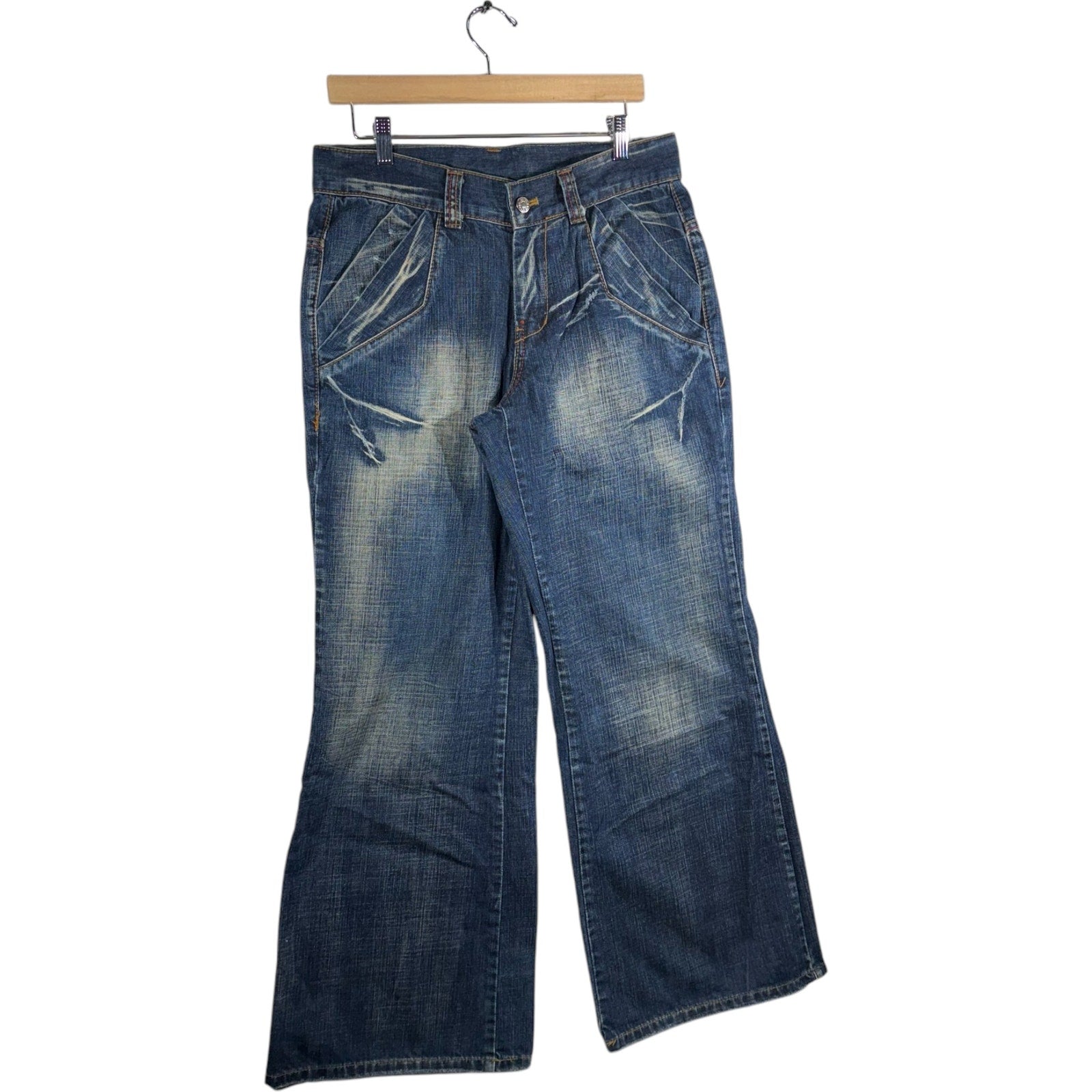 Y2K Double Pocket Flared Wide Leg Denim Jeans 33x30