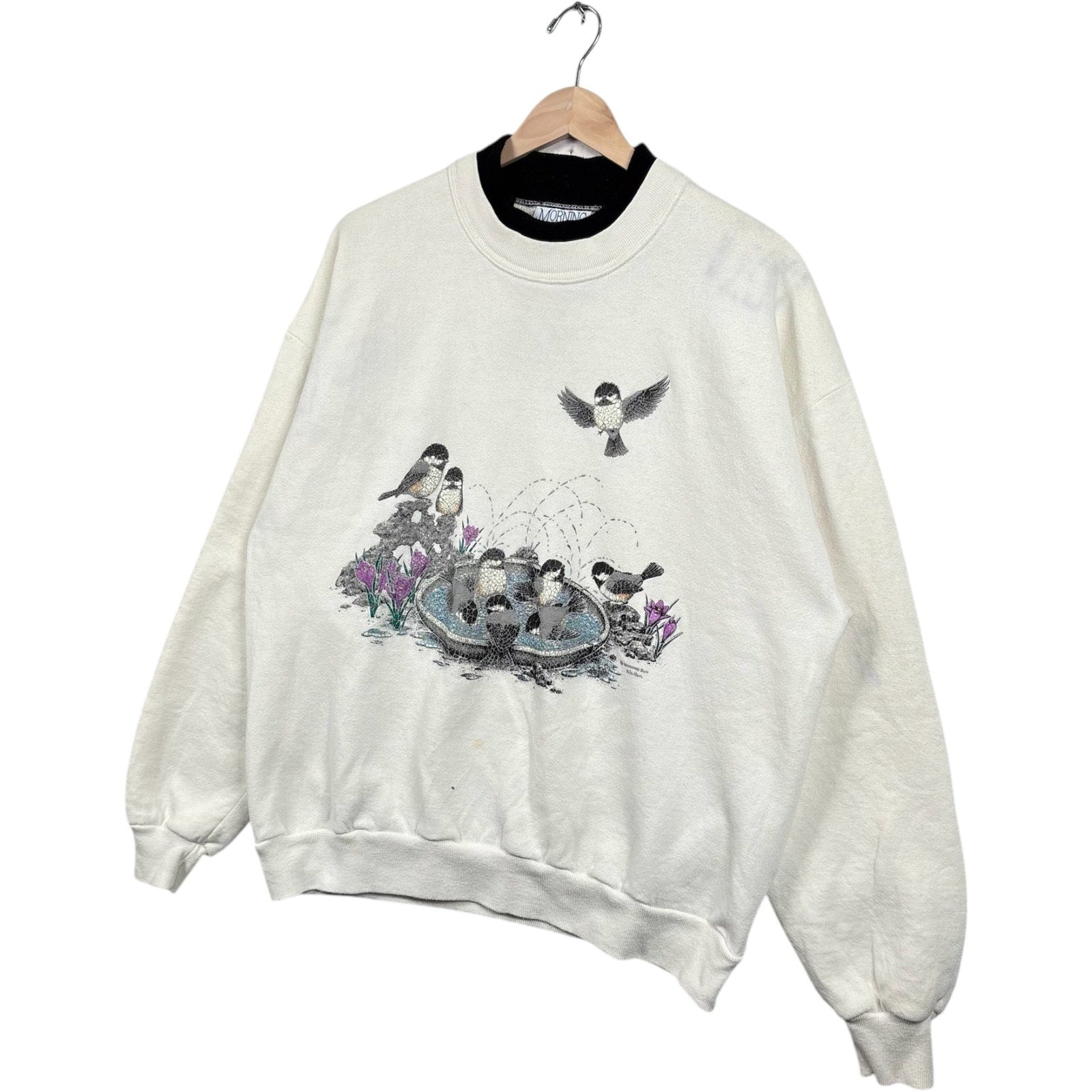 Vintage Birds In A Bird Bath Double Collar Crewneck
