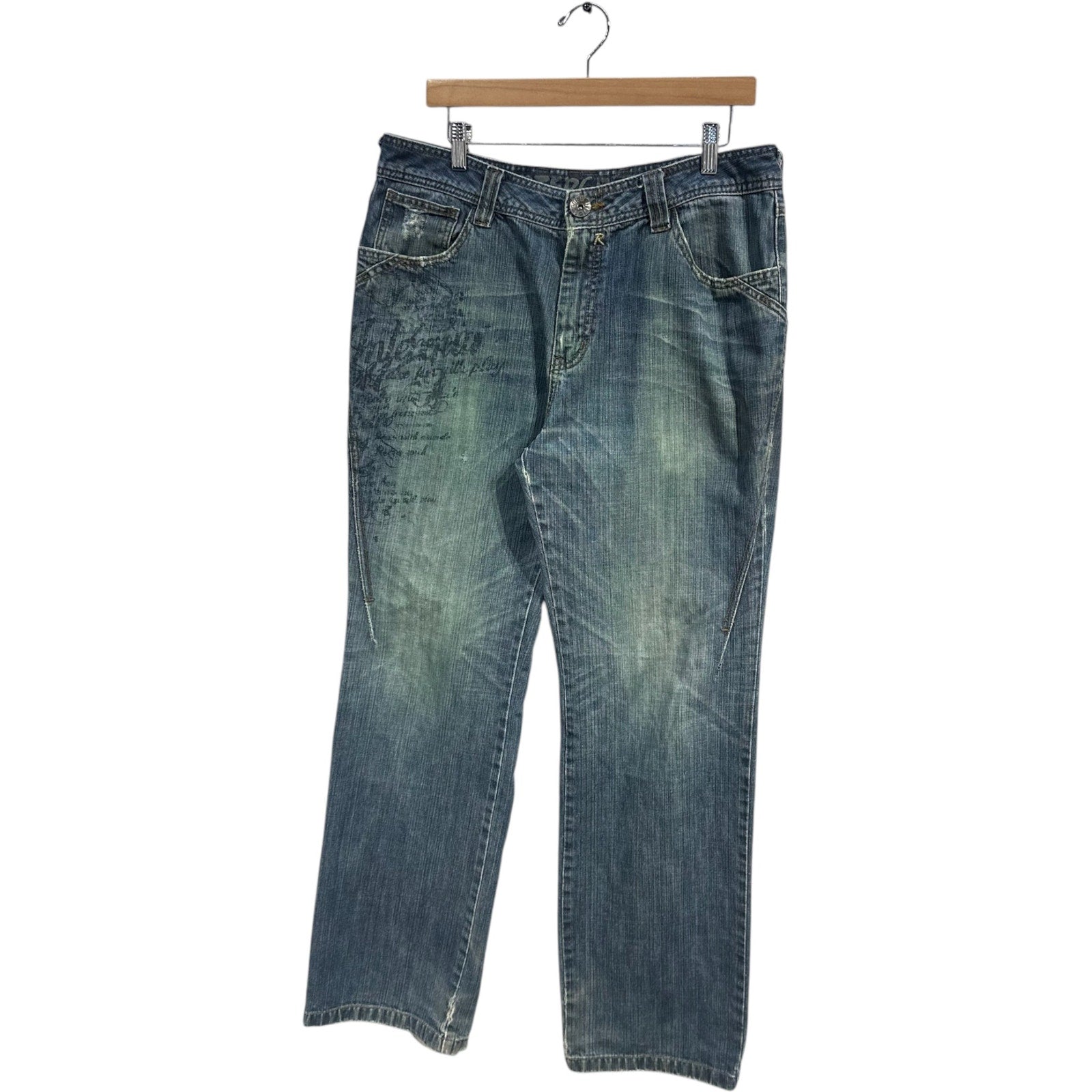 Vintage Distressed Faded Straight Leg Denim Jeans 35 x 31