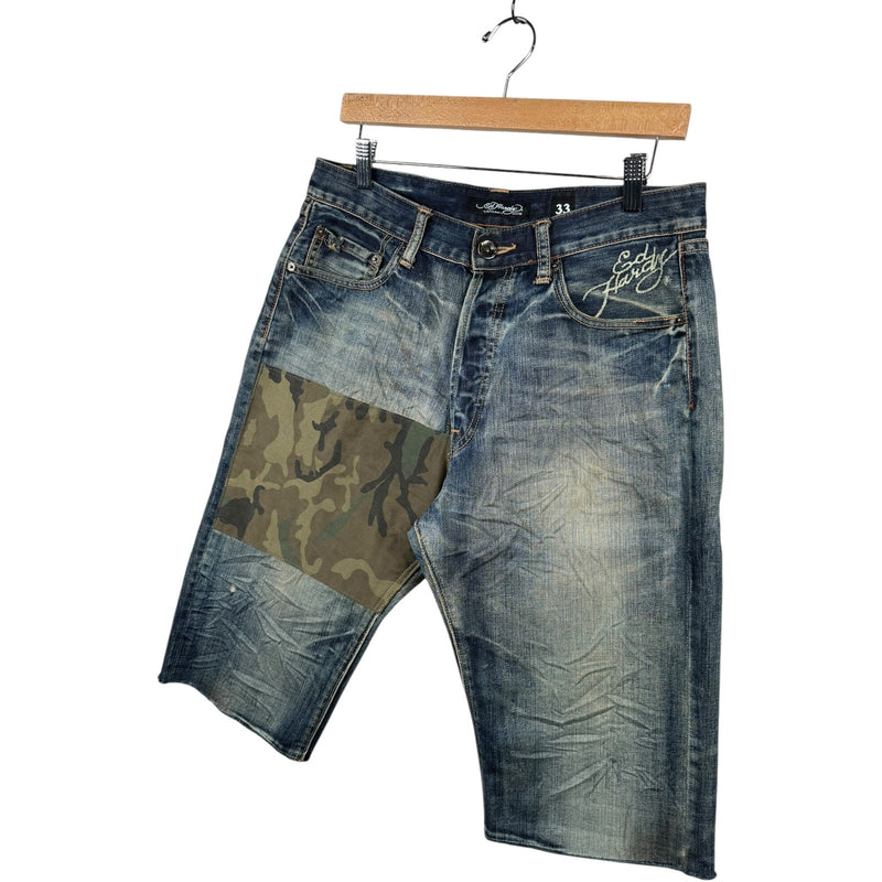Vintage Ed Hardy Camo Patchworks Chino Denim Shorts 33