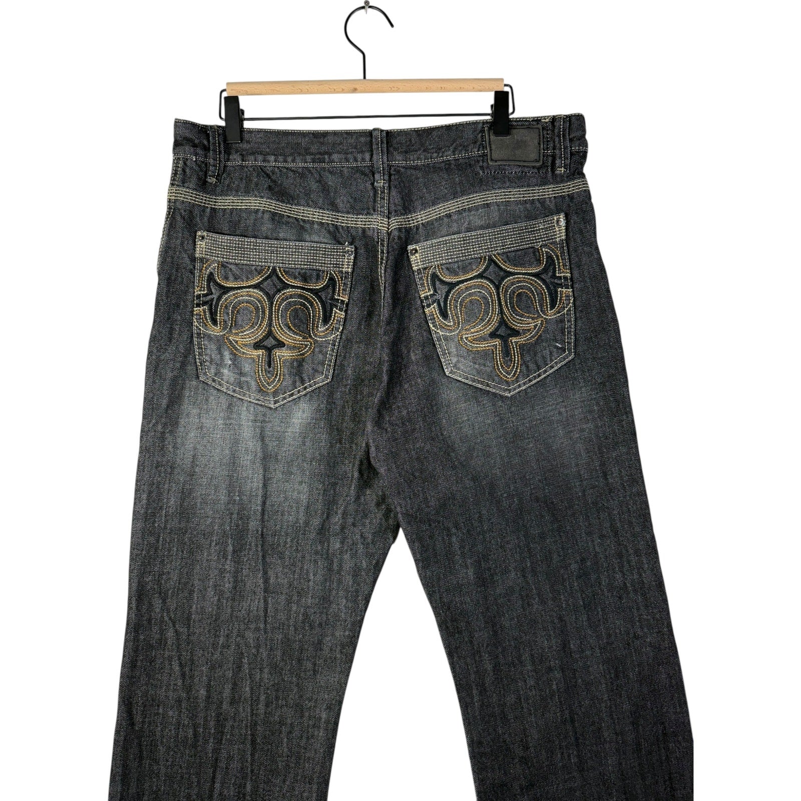 Vintage DHJC Tribal Embroidered Straight Leg Denim Jeans 36x27