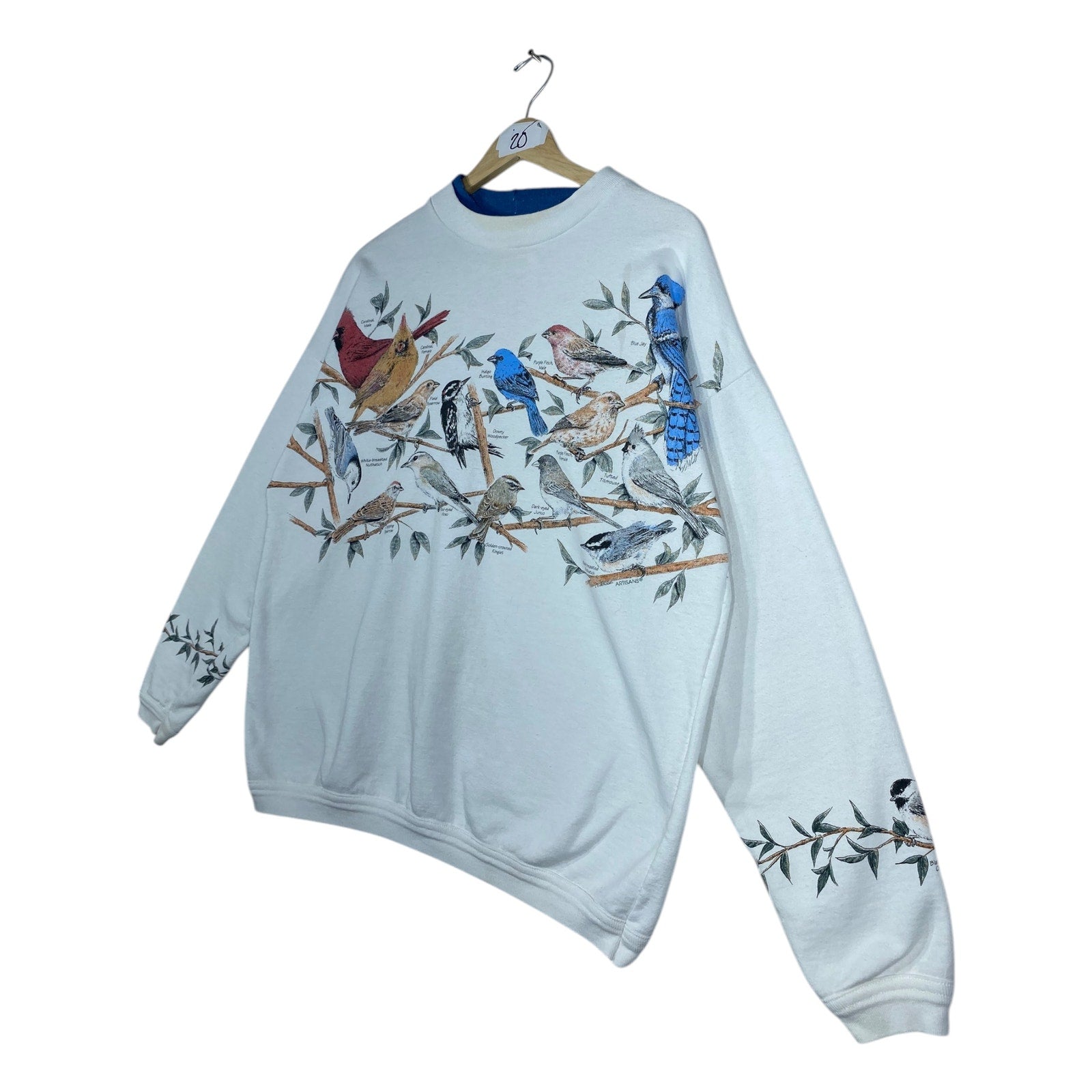 Vintage Women's Artisan Bird Family Allover Print Crewneck