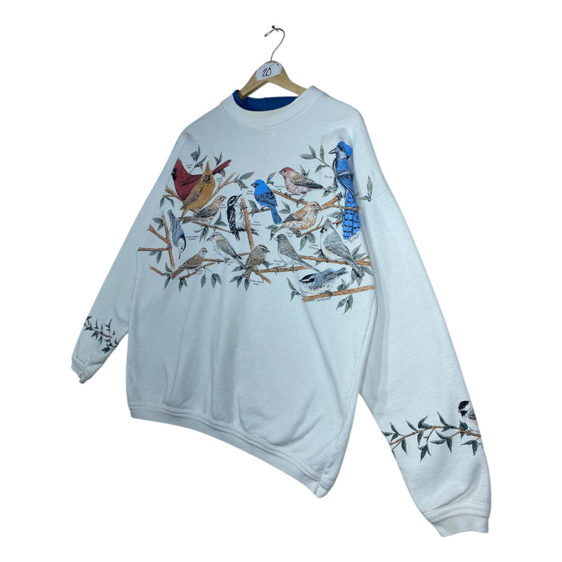 Vintage Women's Artisan Bird Family Allover Print Crewneck