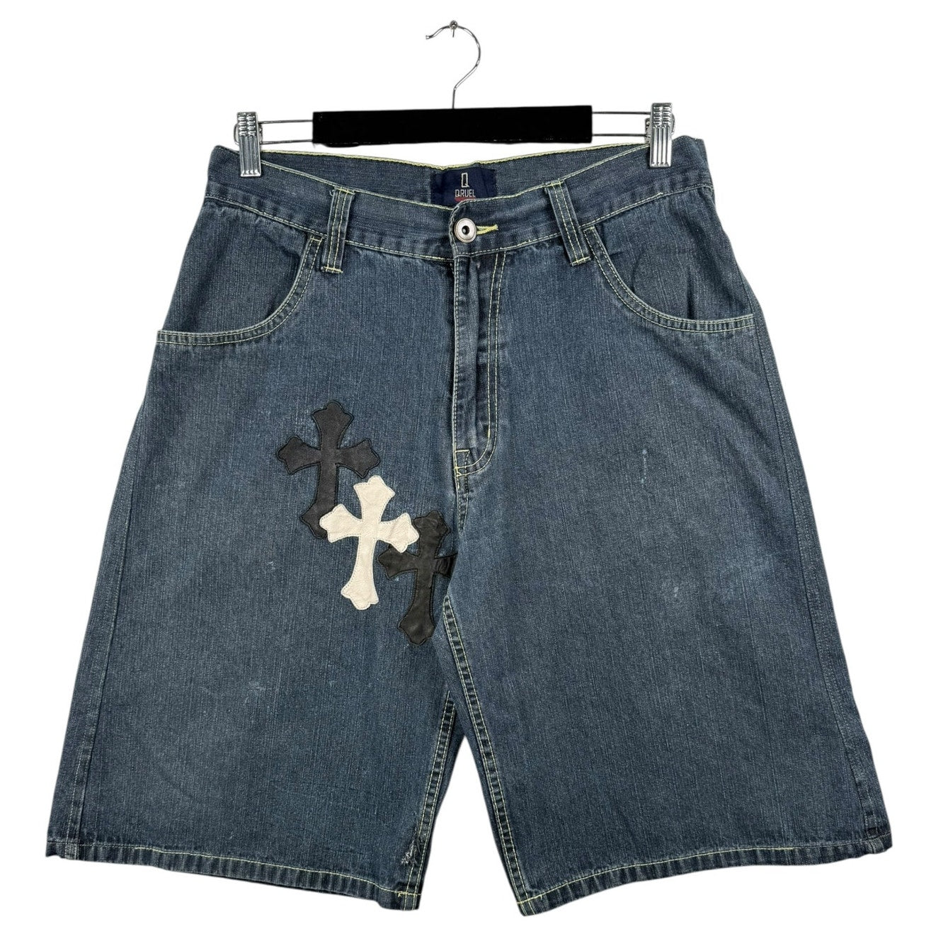 Vintage Qruel Cross Patch Denim Shorts 38