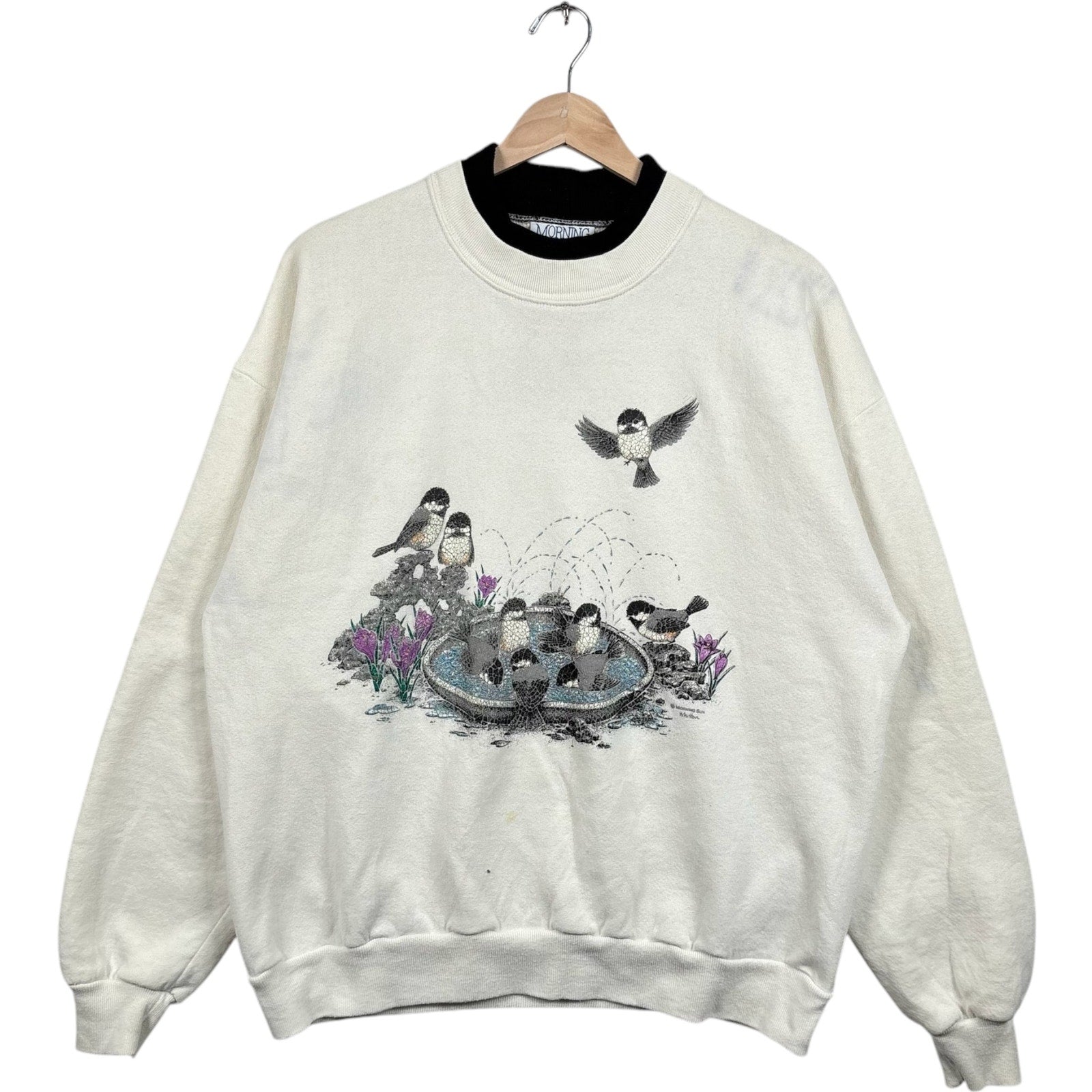 Vintage Birds In A Bird Bath Double Collar Crewneck