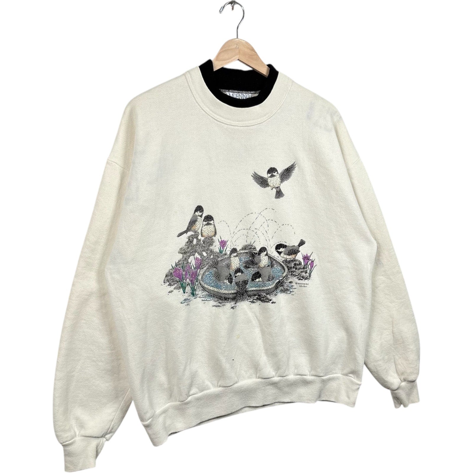 Vintage Birds In A Bird Bath Double Collar Crewneck
