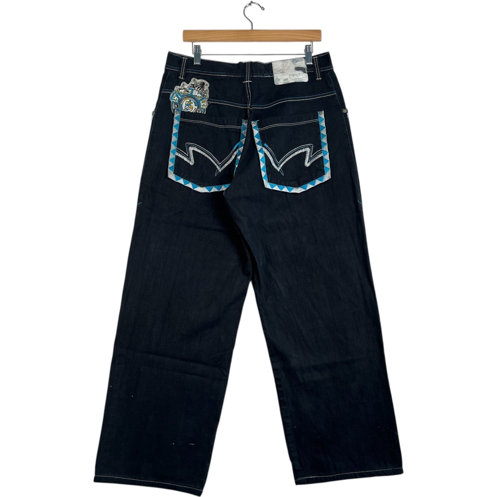 Y2K Embroidered Detail Wide Leg Denim Jeans 34x29
