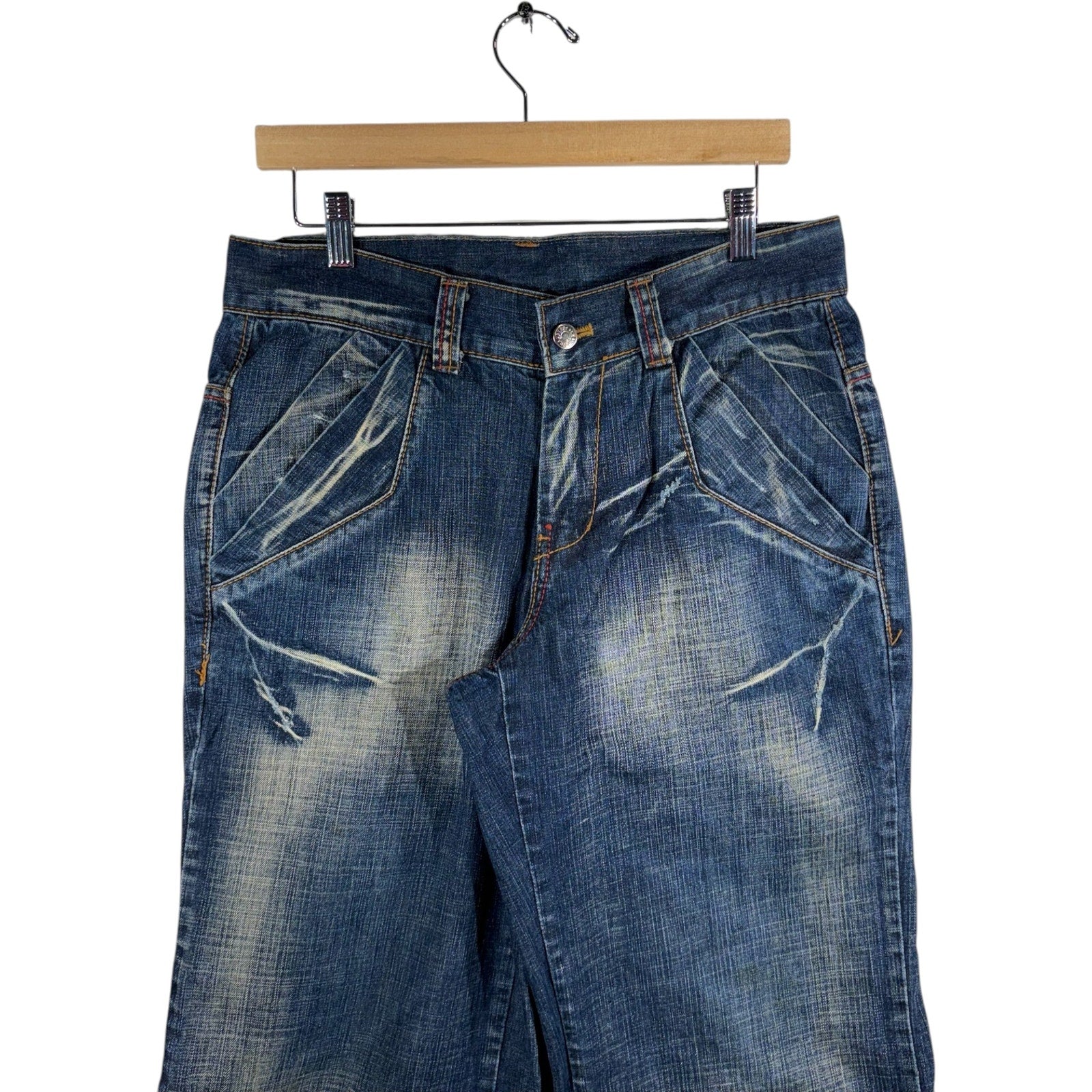 Y2K Double Pocket Flared Wide Leg Denim Jeans 33x30