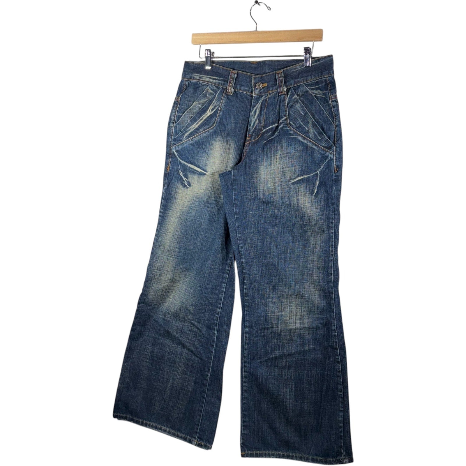 Y2K Double Pocket Flared Wide Leg Denim Jeans 33x30