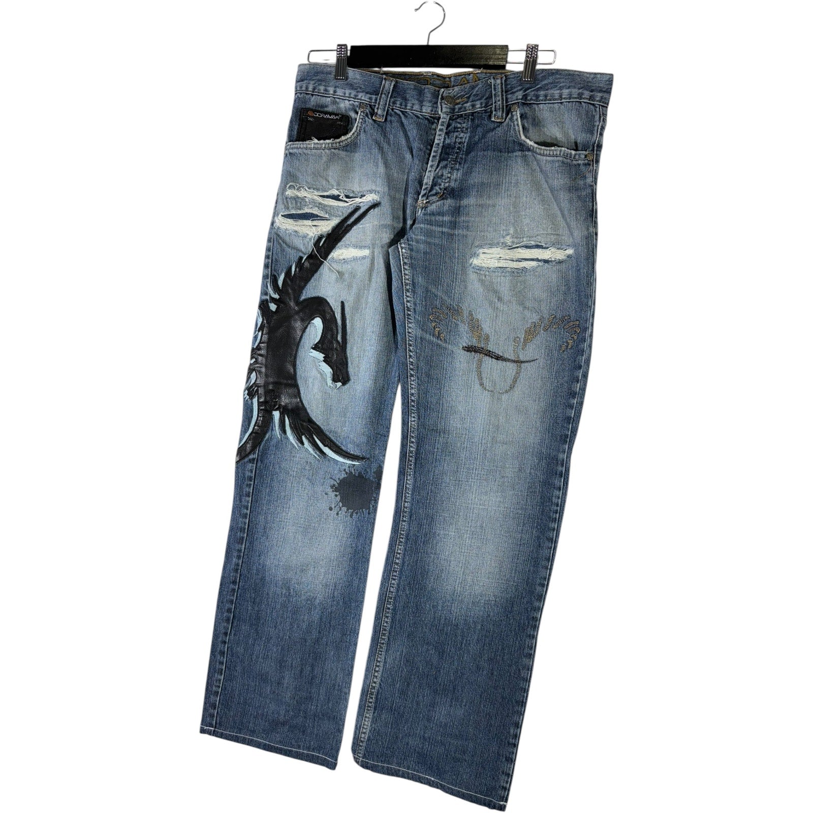 Y2K Doramafi Leather Dragon Patch Jeans 36x31