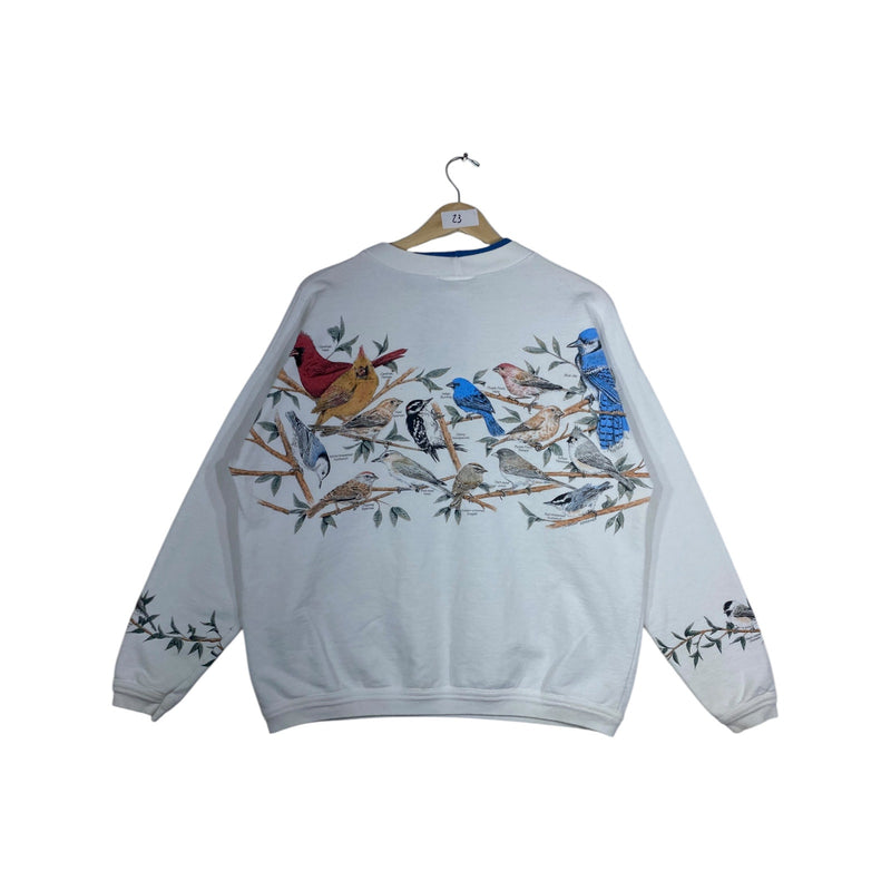 Vintage Women's Artisan Bird Family Allover Print Crewneck
