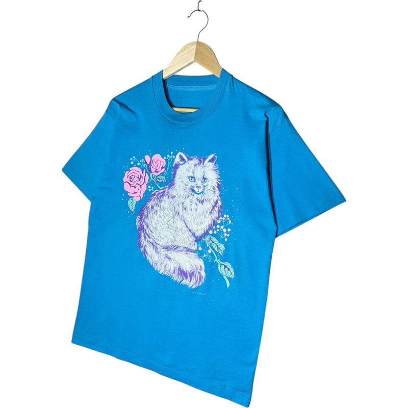 Vintage Fluffy White Cat Roses Graphic T-Shirt