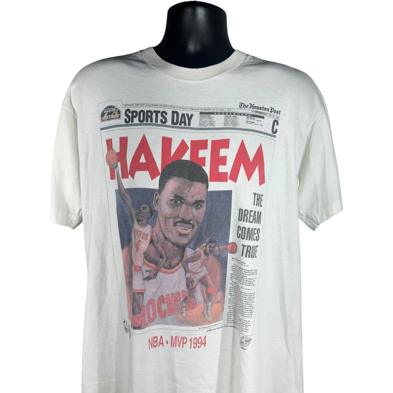 Vintage Hakeem Olajuwan "The Dream Comes True" Newspaper Tee 1994