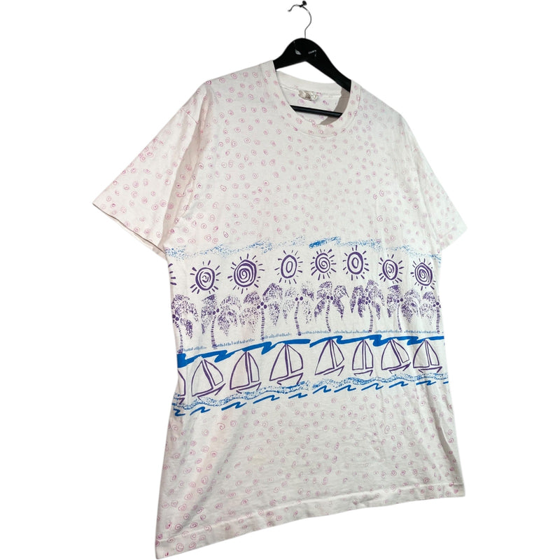 Vintage Tropical Sailboat Palm Tree Print T-Shirt
