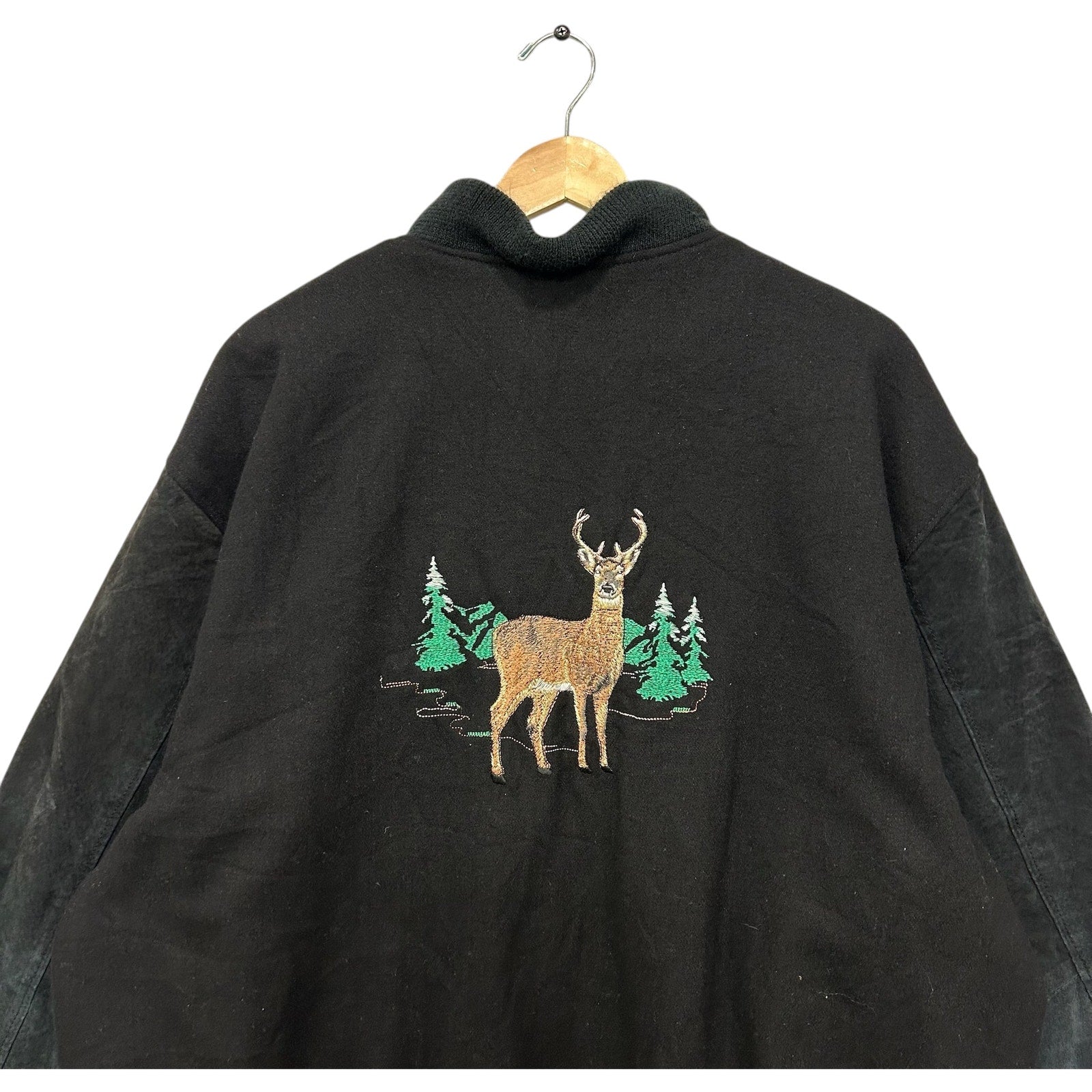 Vintage Retreat Deer Forest Embroiled Varsity Jacket